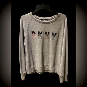 DKNY grey sweatshirt with monogram sequined front and plain back. Comfy! Size L